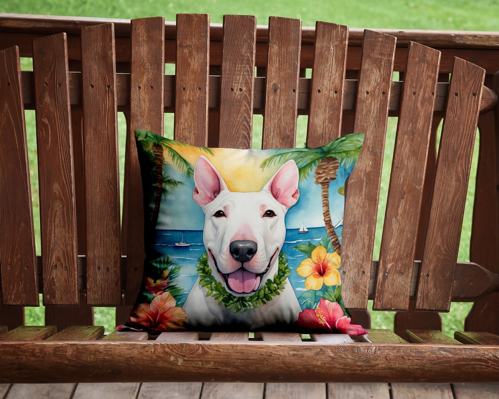 English Bull Terrier Luau Throw Pillow - 14x14 Decorative Pillow – Art for Your Home & Patio DAC6425PW1414