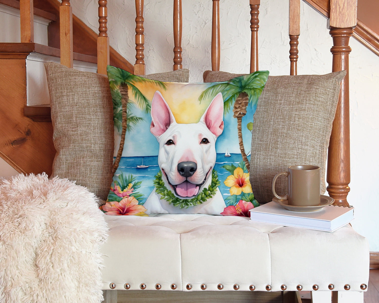 English Bull Terrier Luau Throw Pillow - 14x14 Decorative Pillow – Art for Your Home & Patio DAC6425PW1414