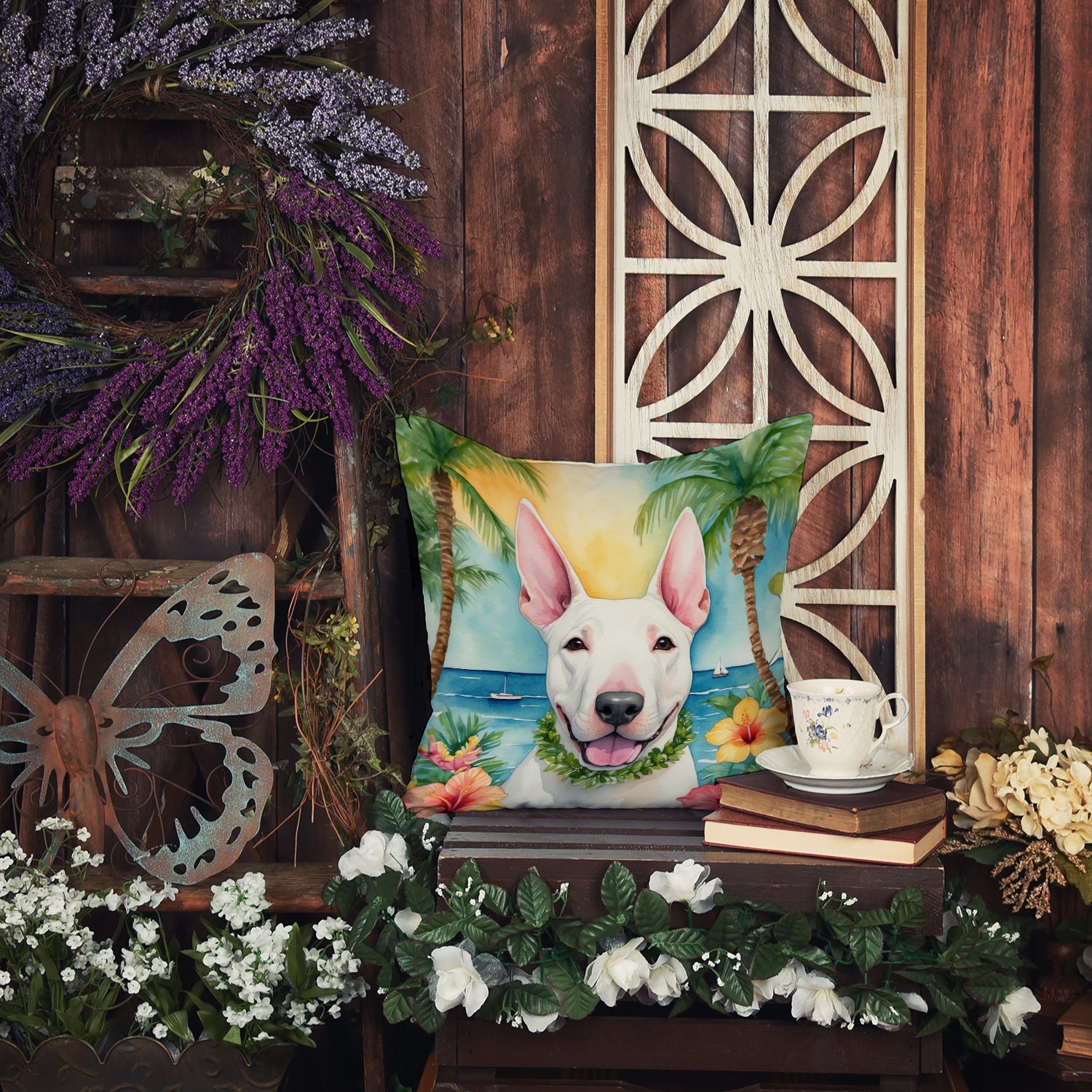 English Bull Terrier Luau Throw Pillow - 14x14 Decorative Pillow – Art for Your Home & Patio DAC6425PW1414