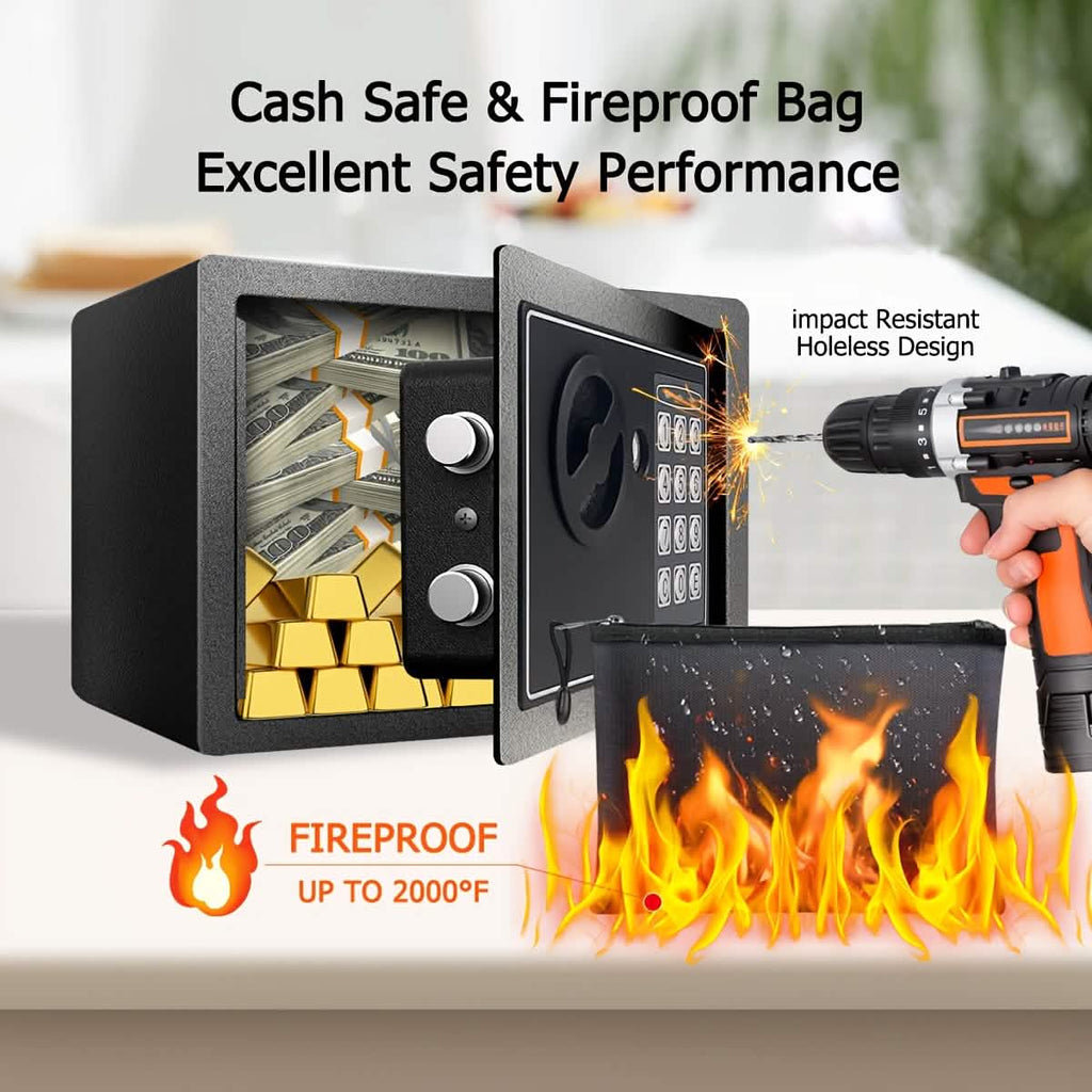 Fireproof Digital Home Safe with Keypad, Sensor Light & Money Bag-Silver